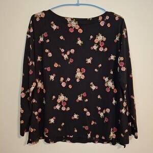J Jill Luxe Supima Boat Neck Tee Medium Petite Black‎ Pink Floral Long Sleeve